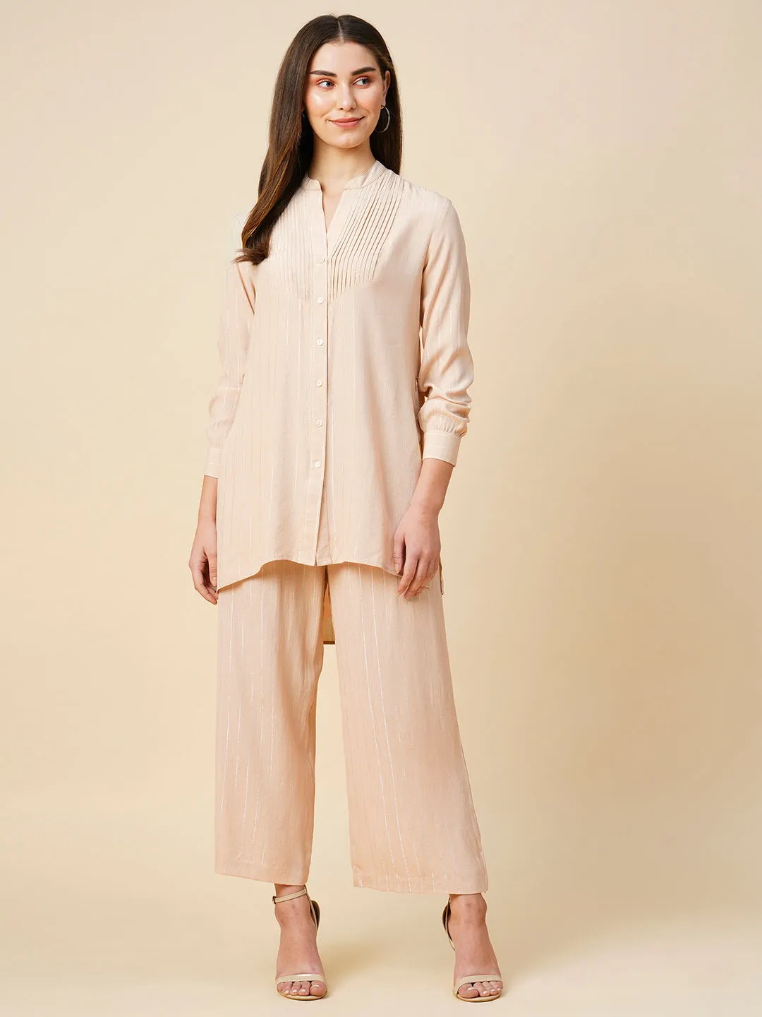 Viscose Crepe W/ Lurex Pintucked Longline Tunic & Pleated Wide Leg Pant Set