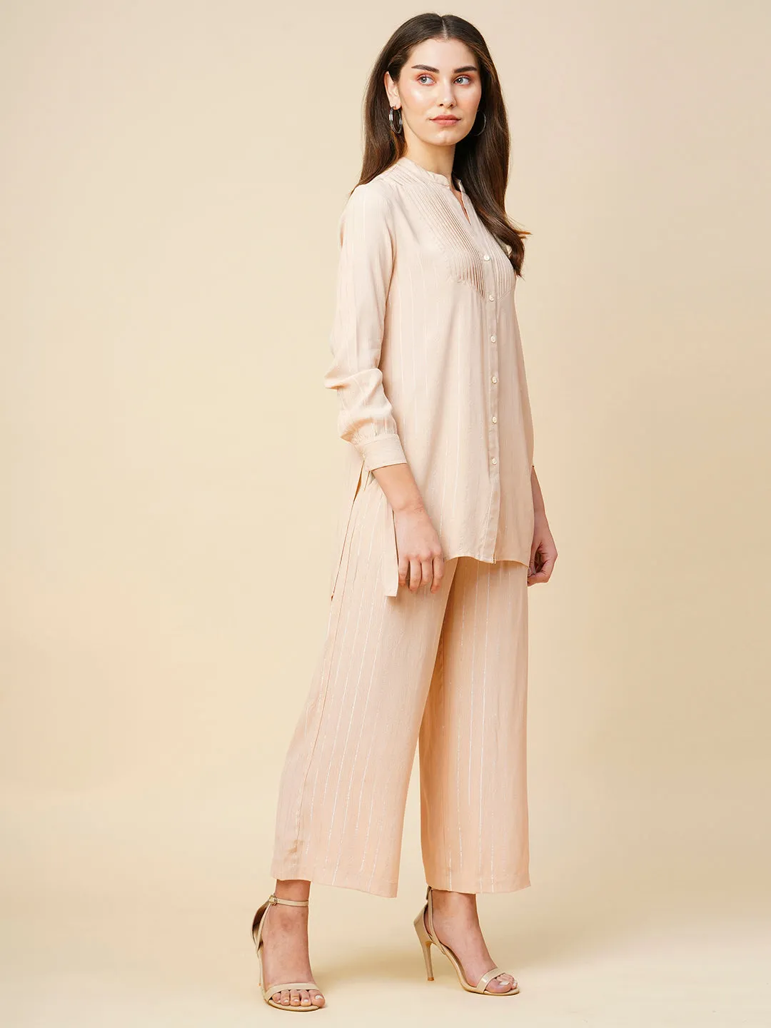 Viscose Crepe W/ Lurex Pintucked Longline Tunic & Pleated Wide Leg Pant Set