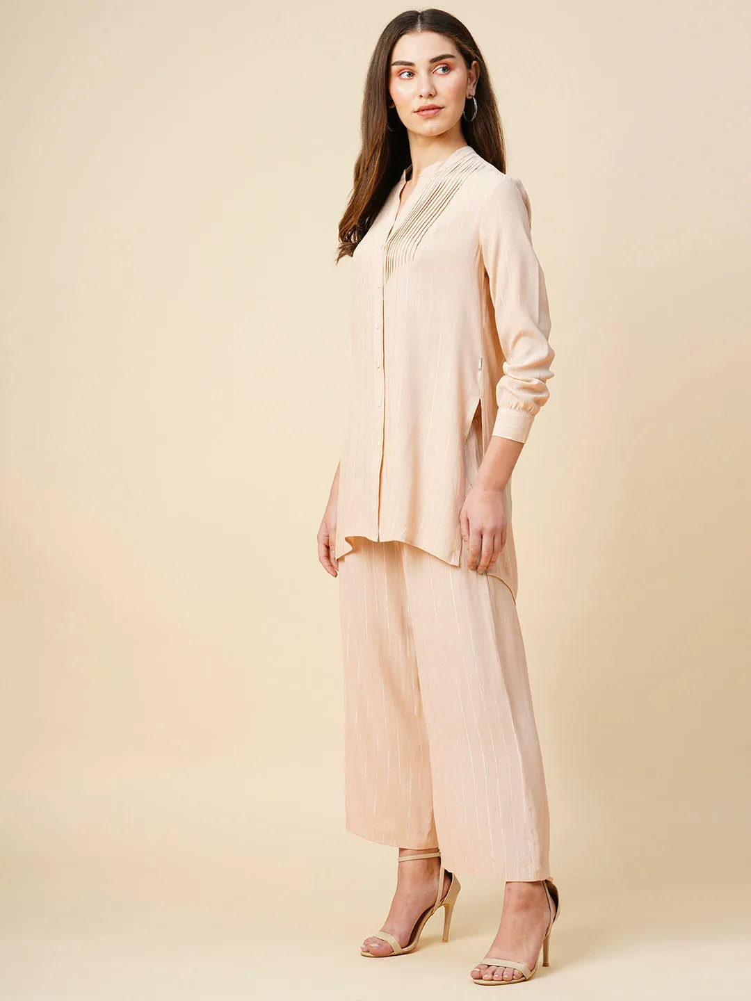 Viscose Crepe W/ Lurex Pintucked Longline Tunic & Pleated Wide Leg Pant Set