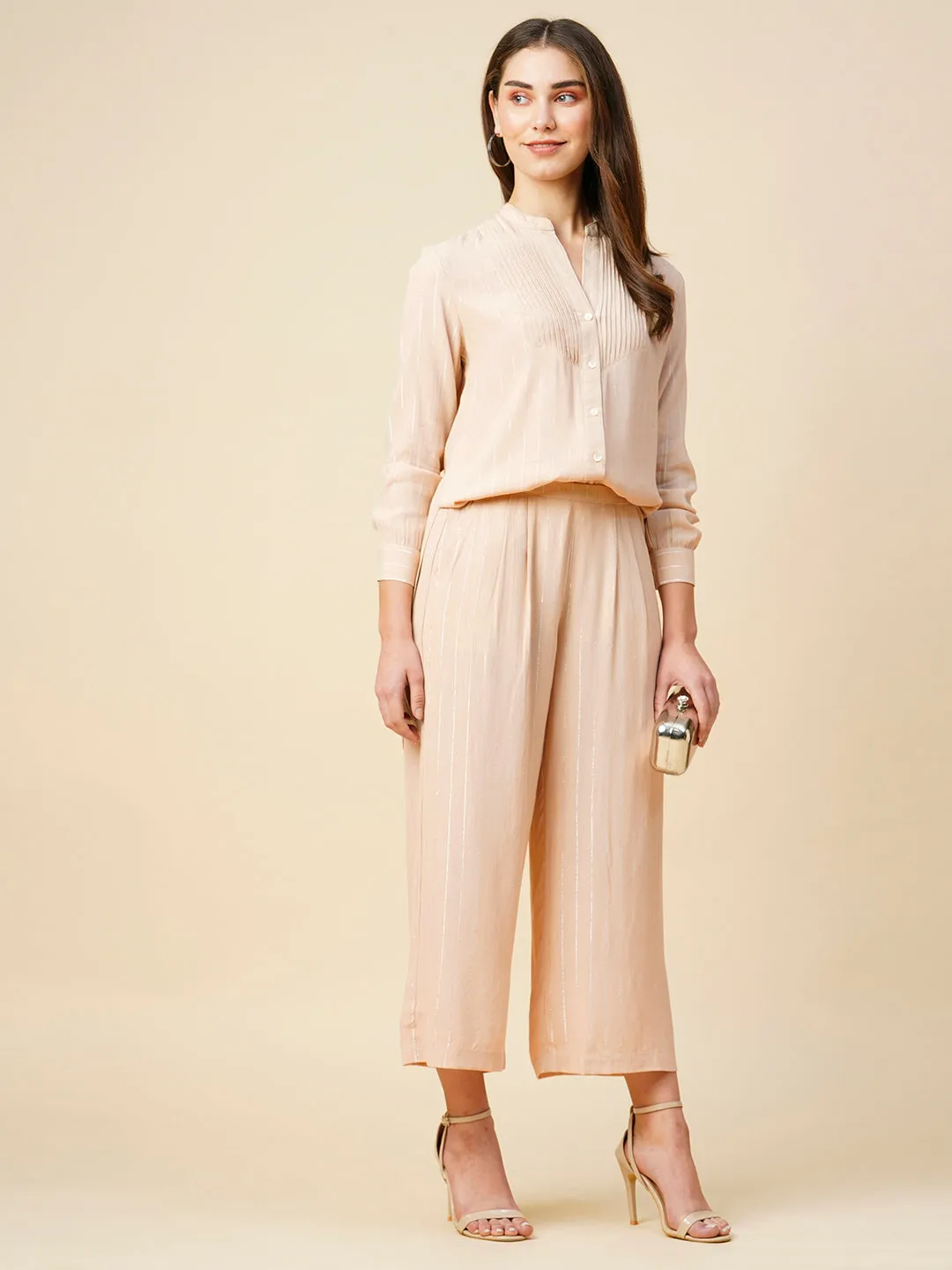 Viscose Crepe W/ Lurex Pintucked Longline Tunic & Pleated Wide Leg Pant Set