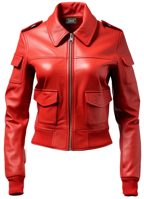 Women Leather Jacket Red Bomber