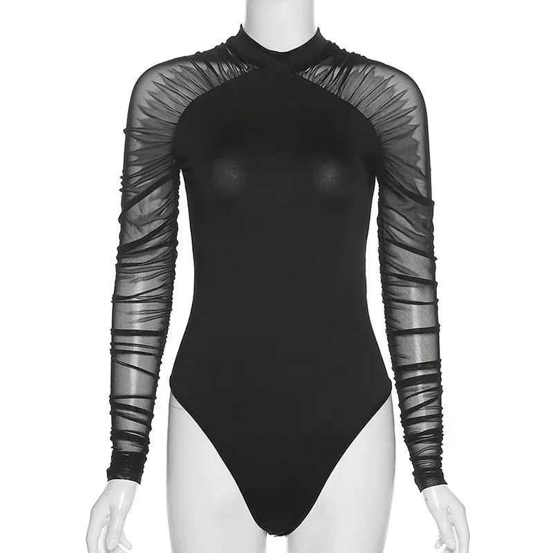 Women Mesh Sheer Patchwork Long Sleeve Bodysuit