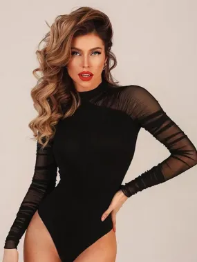 Women Mesh Sheer Patchwork Long Sleeve Bodysuit