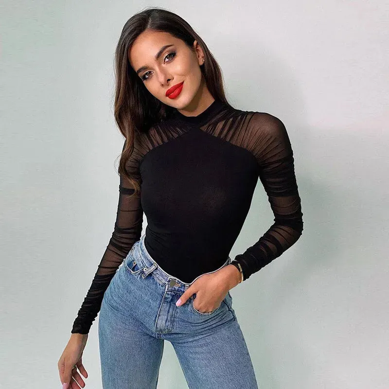 Women Mesh Sheer Patchwork Long Sleeve Bodysuit