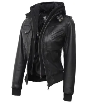 Womens Black Leather Bomber Jacket With Removeable Hood