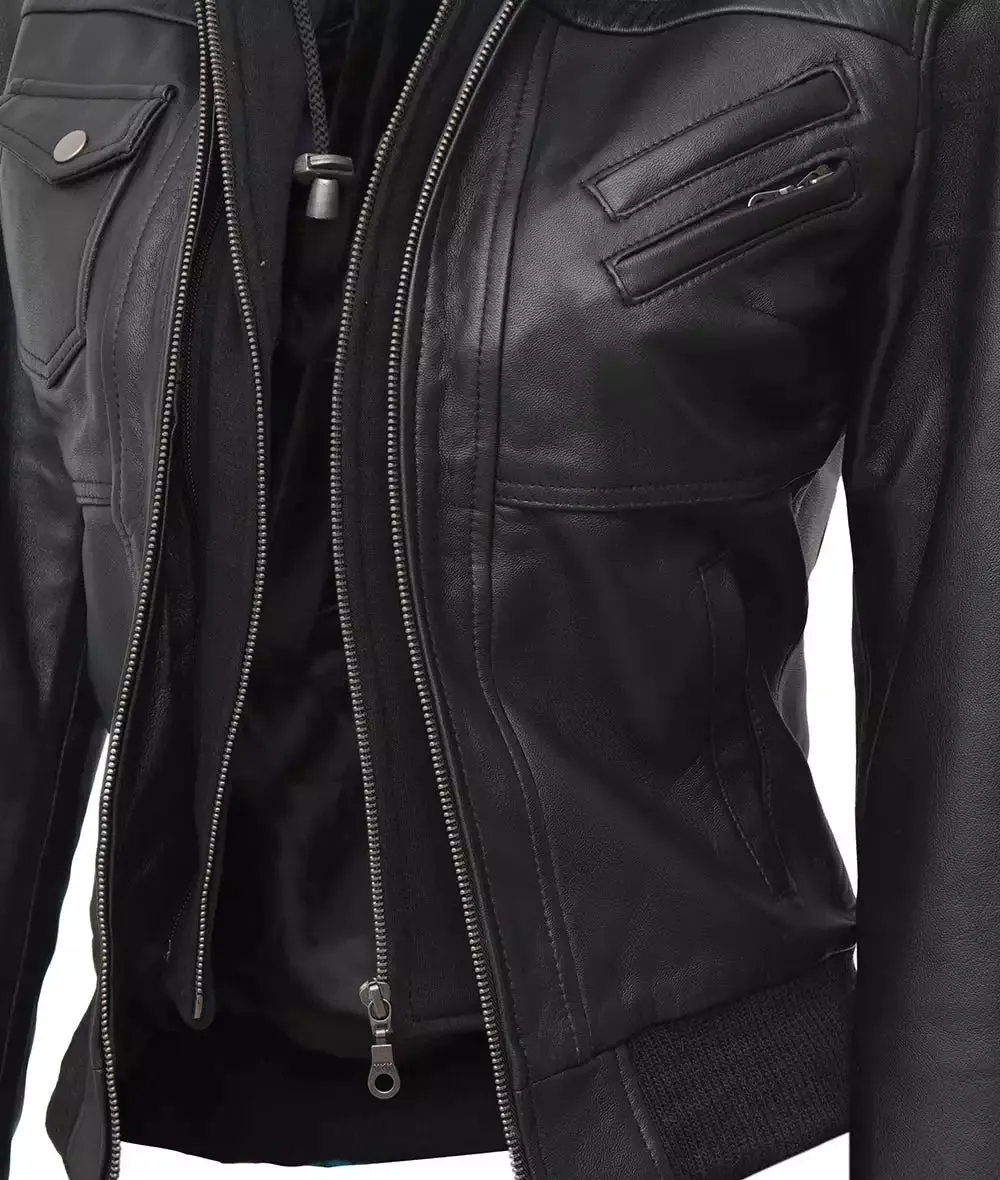 Womens Black Leather Bomber Jacket With Removeable Hood