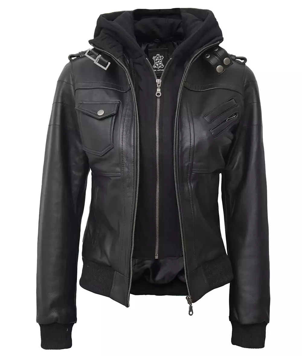 Womens Black Leather Bomber Jacket With Removeable Hood