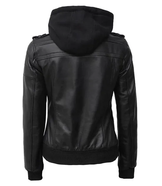 Womens Black Leather Bomber Jacket With Removeable Hood