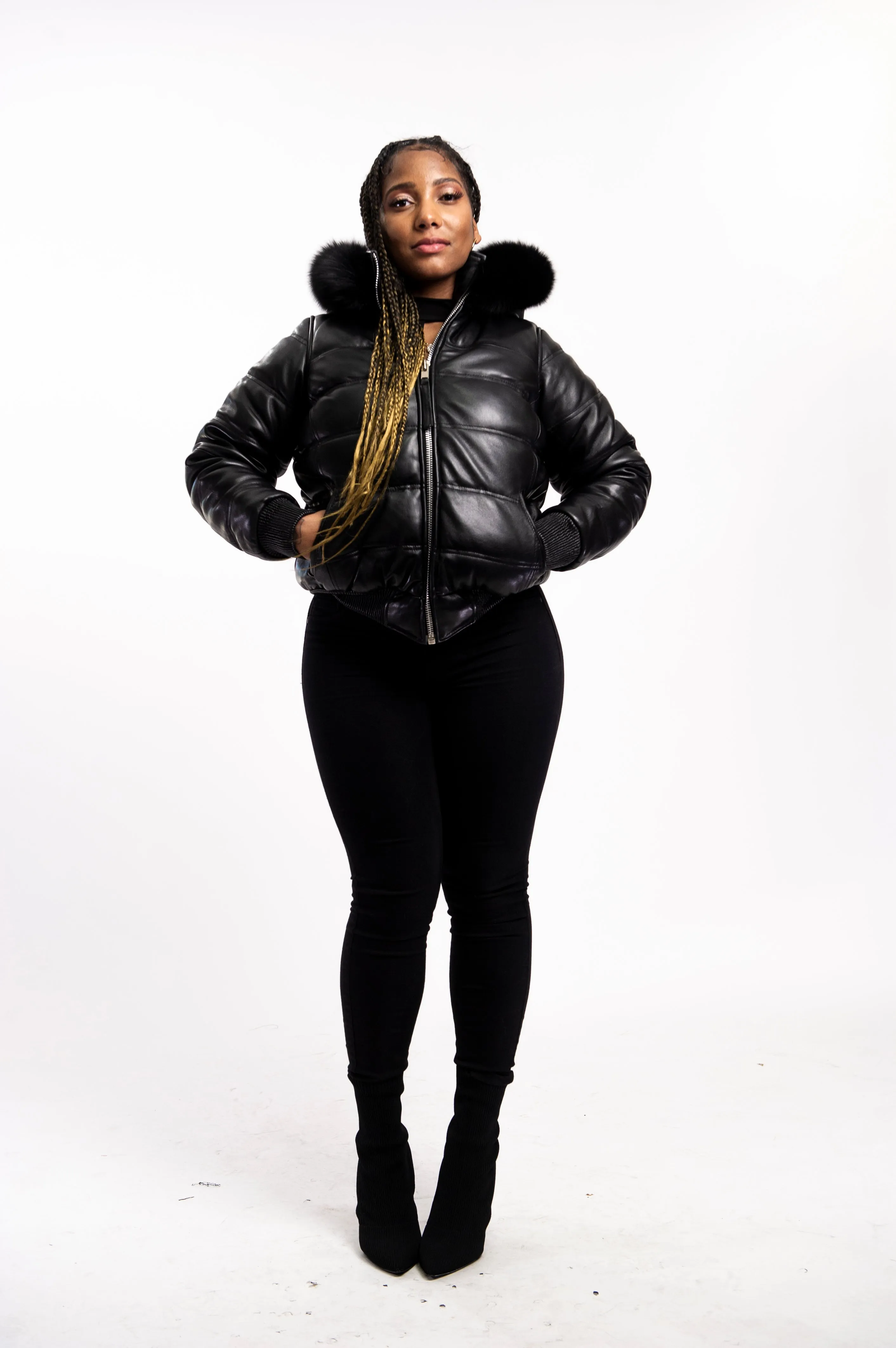 Women's Leather Snorkel Bomber Jacket [Black]