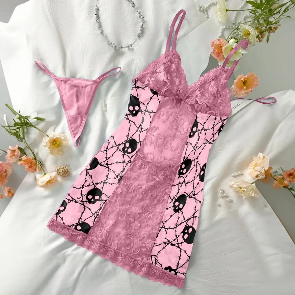 Women's Lingerie, Pink Lace Sultry Skull Bodysuit Sleepwear Set