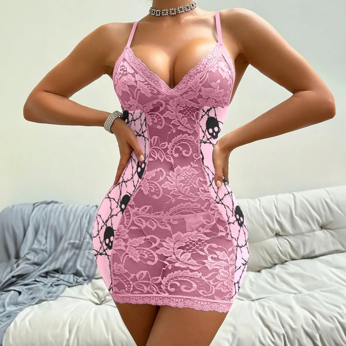 Women's Lingerie, Pink Lace Sultry Skull Bodysuit Sleepwear Set