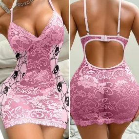 Women's Lingerie, Pink Lace Sultry Skull Bodysuit Sleepwear Set