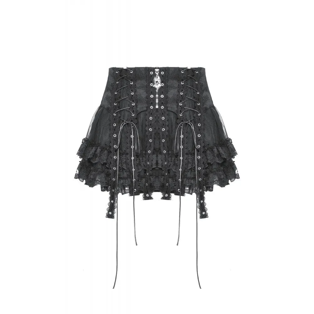 Women's Punk Lace-up Layered Mesh Skirt