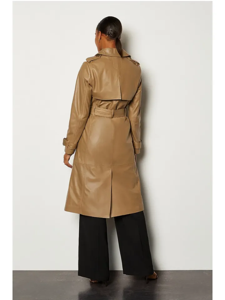 Women’s Tan Beige Sheepskin Leather Trench Coat